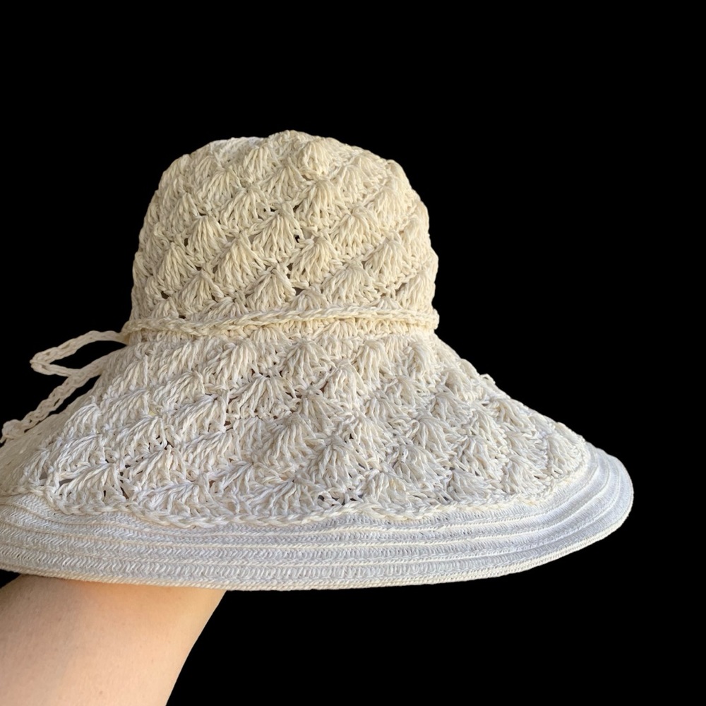 Vintage 90’s Cream Woven Paper Boho Beach Sunhat - Picture 2 of 6